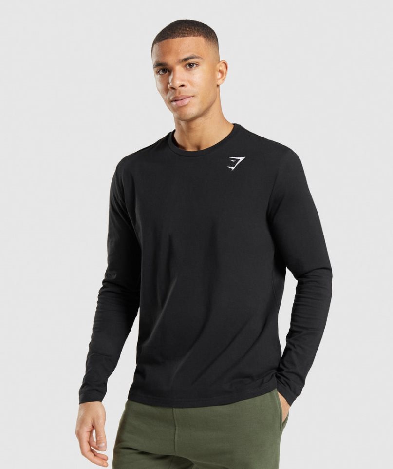 Men\'s Gymshark Crest Long Sleeve T-Shirts Black | NZ 0KMAWS